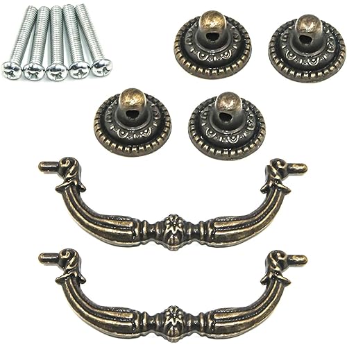Geesatis Set of 2 Bronze Vintage Pulls Handles Antique Decorative Pull Handles European Style for Kitchen Bronze with Mounting Screws，Hole Distance 2.8"