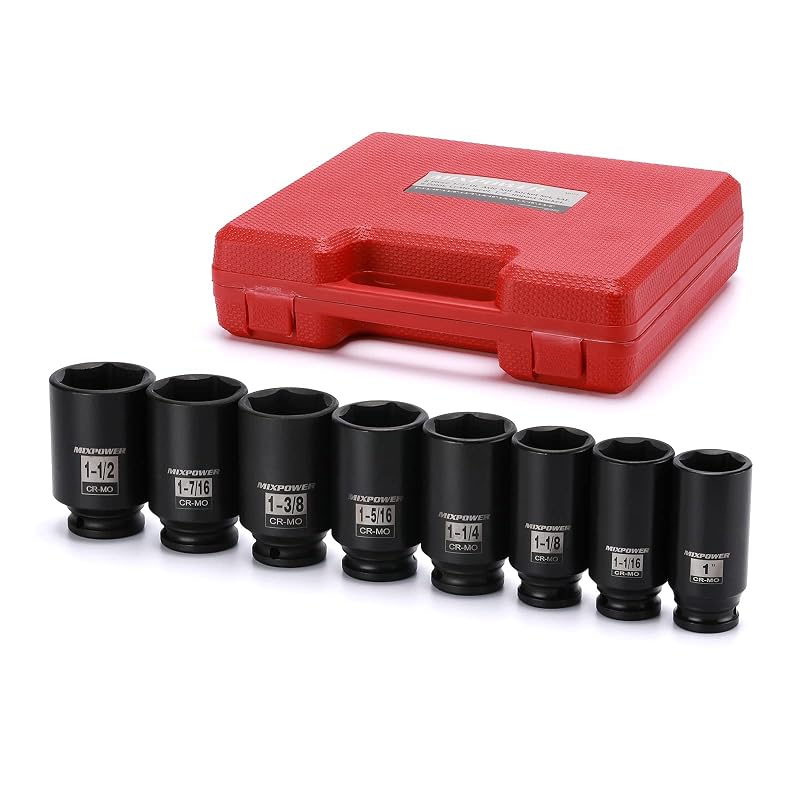 Jogo de Soquetes de Impacto Longos MIXPOWER MT177, Encaixe de 12,7 mm (1/2 pol.), 6 Pontos, Aço Cromo-Molibdênio CR-MO, 8 Peças de 25,4 a 38,1 mm