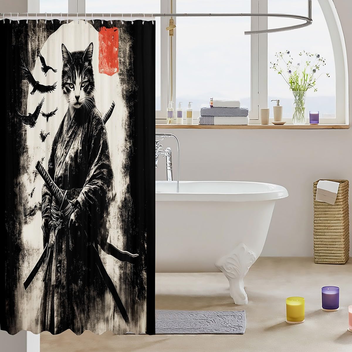 jejeloiu Japanese Cat Shower Curtain 72"x78" Samurai Bird Sun Bath Curtain for Boys Girls Teens Japanese Ukiyoe Bathroom Shower Curtain Set Waterproof Vintage Bushido Kids Bathroom Accessories