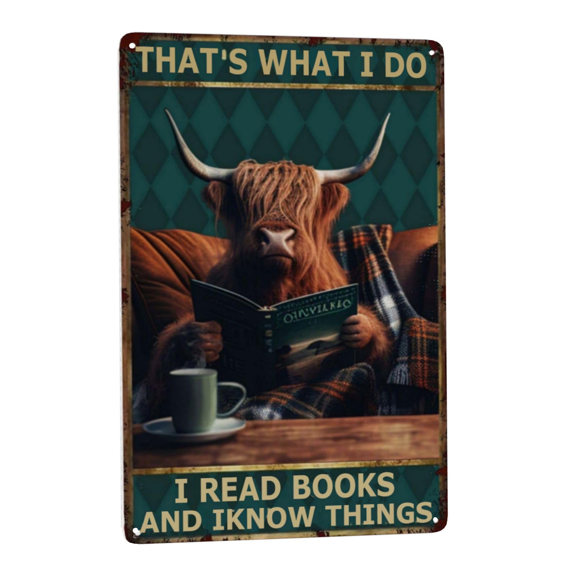 Lifewheel Vintage Cow Tin Sign - Funny Highland Cattle Metal Wall Decor For Book Lovers - Retro Boho Hippie Style - Ideal For Home, Coffee Bar, Bathroom - Great Gift For Cow Enthusiasts 8X12 Inches