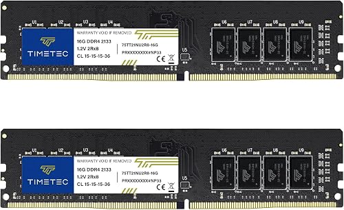 Timetec 32GB KIT (2x16GB) DDR4 2133MHz (PC4-2133P) PC4-17000 UDIMM Desktop RAM – 288-Pin 1.2V CL15 Non-ECC Unbuffered DIMM Memory Module Upgrade