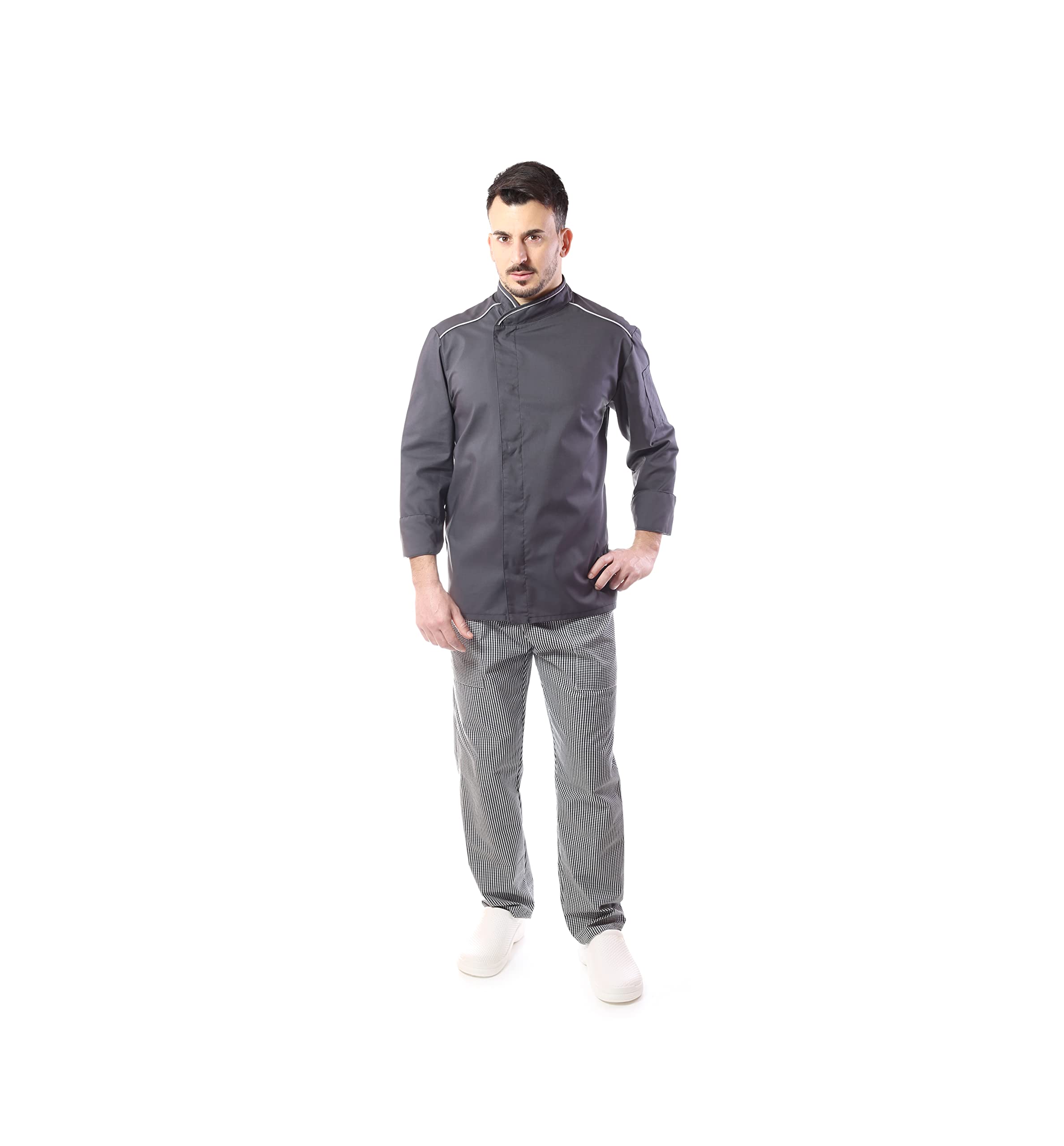 Bordado Gratuito Completo Cocinero Hombre - Uniforme Chef Ejecutivo Gris Personalizable - Chaqueta, Pantalones y Delantal - Uniforme para Cocina y Restaurante - Made in Italy