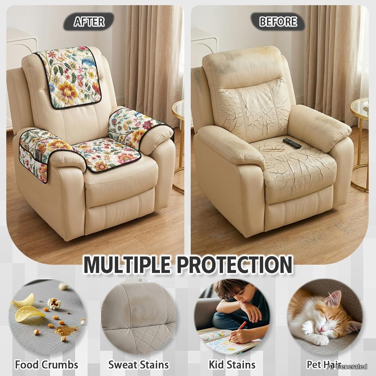 Retro Floral Recliner Chair Covers Slipcovers with Pockets