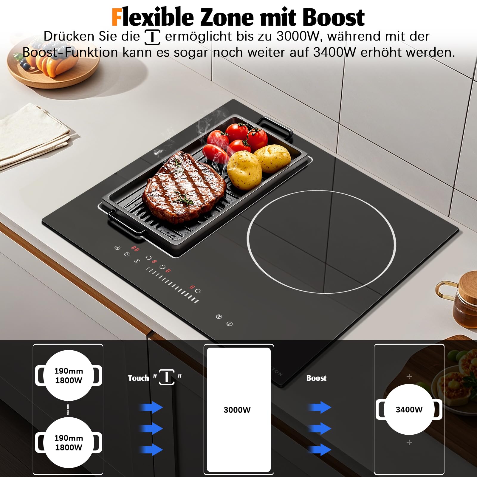 NOXTON Placa de Inducción 3 Fuegos, 60 cm, Flex Zone, Sin Enchufe | Funcion Boost, Control Táctil, Placa de Inducción Integrada, Bloqueo Para Niños, Temporizador, 6800 W