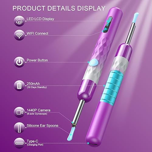 Miniatura 3 de ESHOWEE Eliminación de cera de oído, (1440P) cámara de oído de alta definición con 6 luces LED, limpiador de oídos con cámara WiFi incorporada, kit