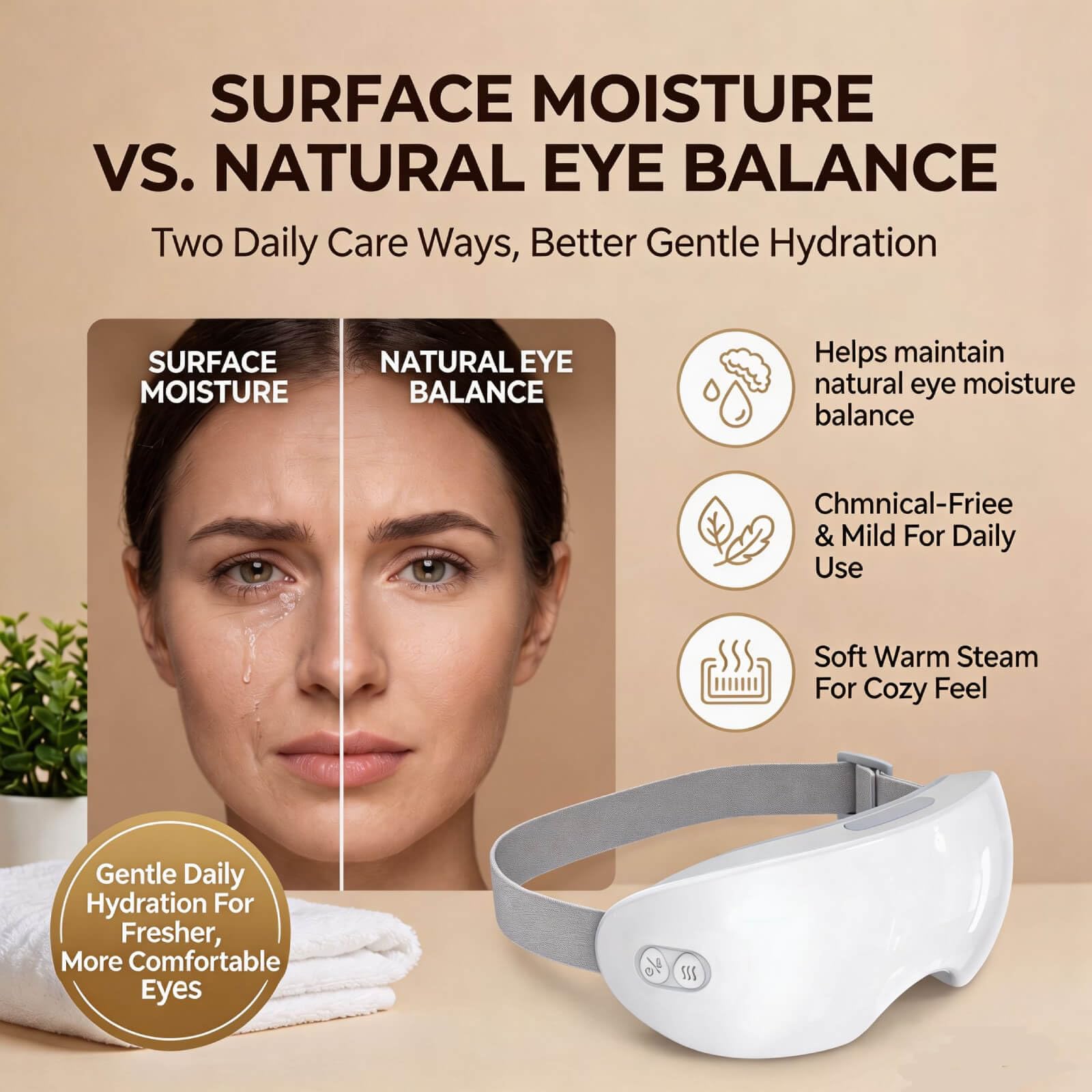 Massaggiatore Occhi a Vapore, Maschera Occhi Riscaldante con Micro-Nebbia, 2 Temperature 40°C 42°C, Design 3D 360° Contorno Occhi, Timer 10 Min, USB Ricaricabile, per Casa Ufficio Viaggio