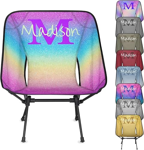 Silla de camping personalizada portátil con nombre, silla plegable ligera para playa, senderismo, rosa, azul y dorado