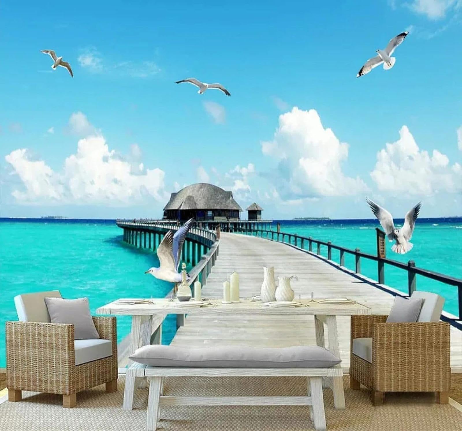 XLMING Fresh Beautiful Wooden Bridge Sea Seascape 3D Wallpaper Luxury Home Dining Decor Paste Sofa Living Room The Wall for Bedroom Mural-400cm×280cm