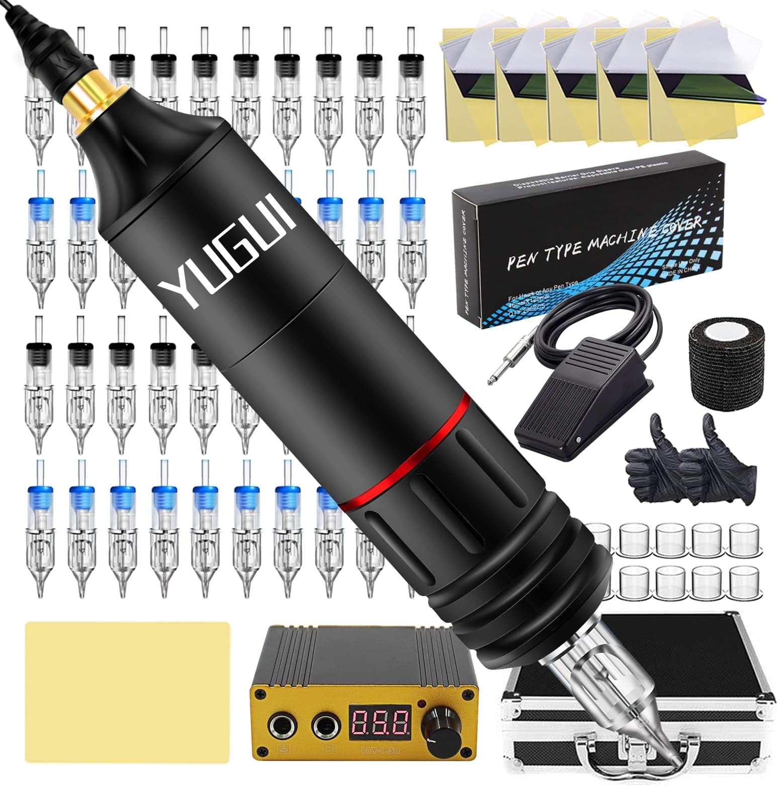 YuguiTattoo Kit with Tattoo Rotary Pen - Tattoo Machine Kit with 1PC Tattoo Power Supply and 5PCS Tattoo Stencil Paper Fake Skin 40PCS Tattoo Cartridge Needles RL RS Mixed Size with Tattoo Kit Case