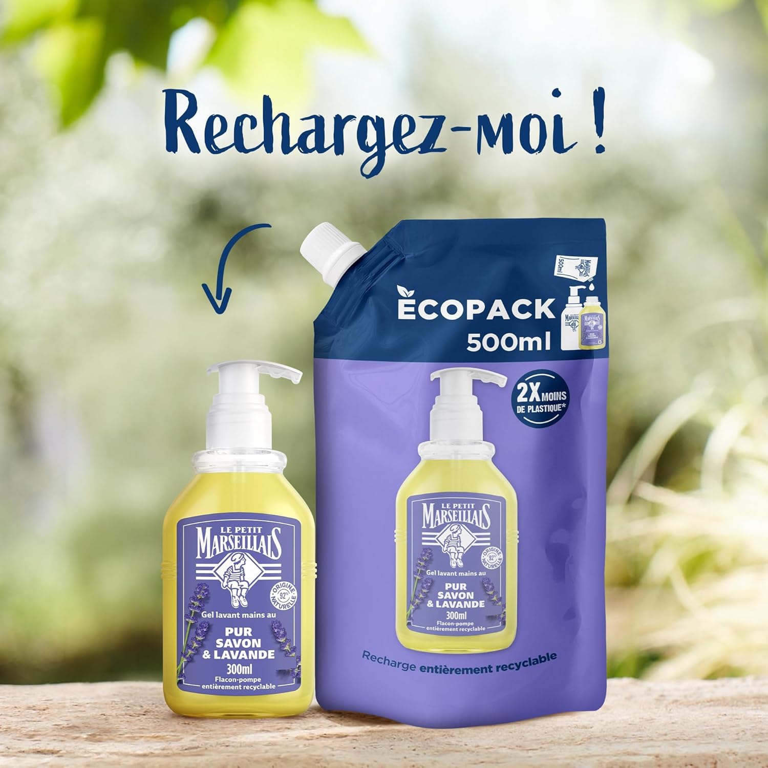 Le Petit Marseillais – Recharge Gel Lavant Mains Pur Savon & Lavande (écopack de 500 ml) – Recharge savon liquide pour flacon-pompe – Savon mains à l’huile essentielle de lavande
