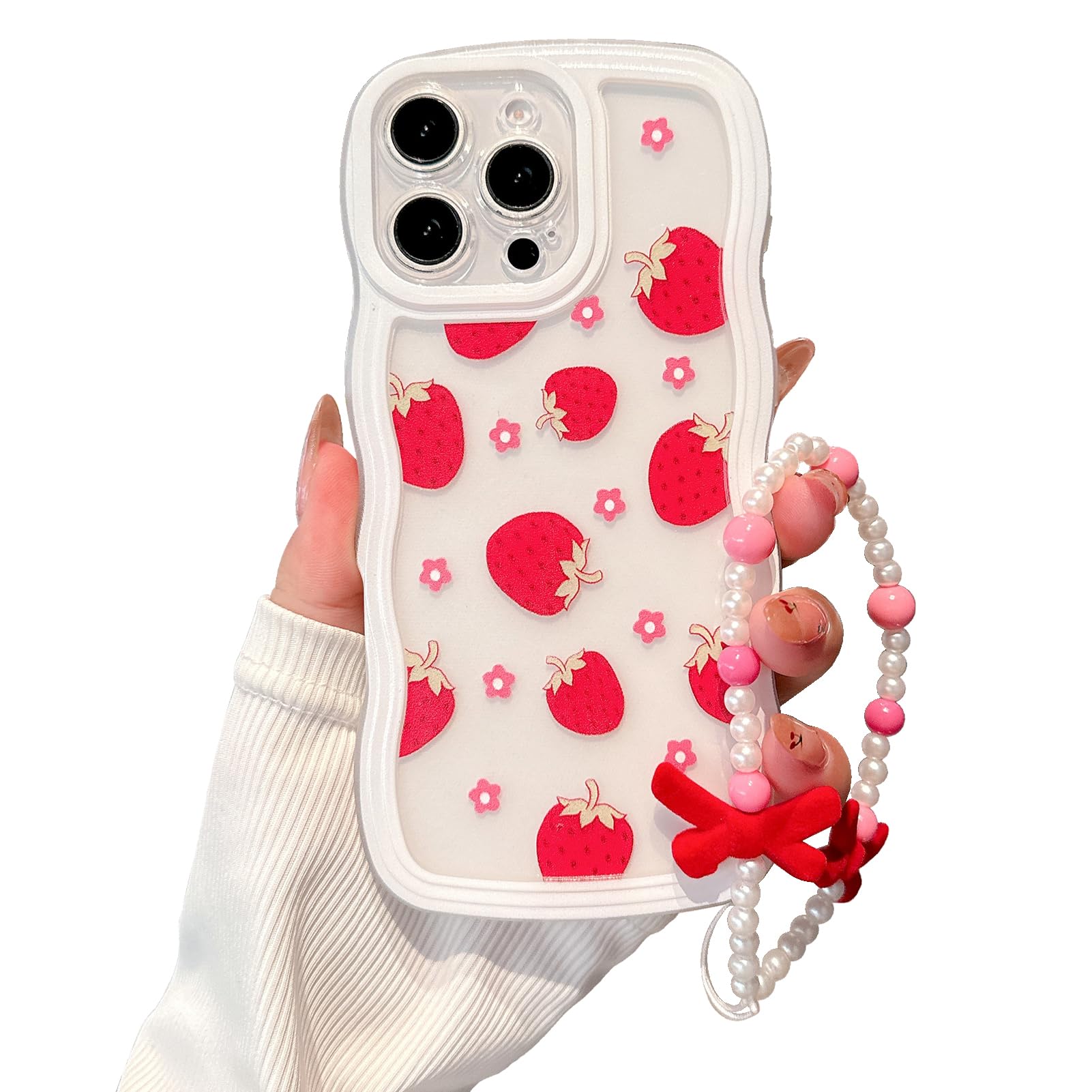 rozouai Compatible for iPhone 16 Case for Women Girls,Cute Strawberry Pattern Curly Wave Wavy Frame Shape Shockproof Soft with Bowknot Bracelet Chain