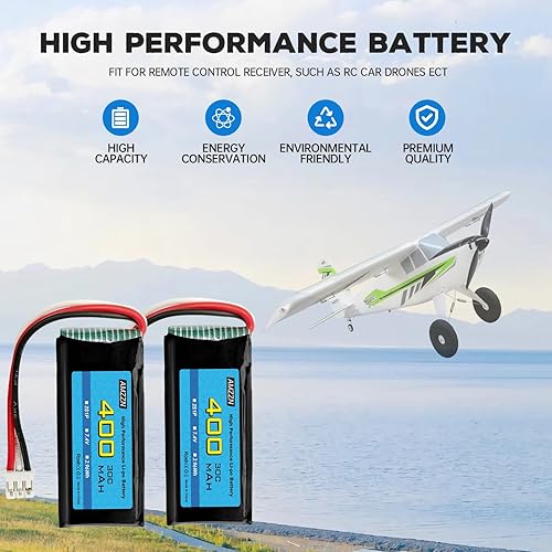 Miniatura 4 de 2 baterías Li-po de 7.4 V 2S 400 mAh 30C con enchufe PH-2.0 3P adecuado para aviones UMX 2S, dron de ala fija Quadcopter y baterías de respaldo