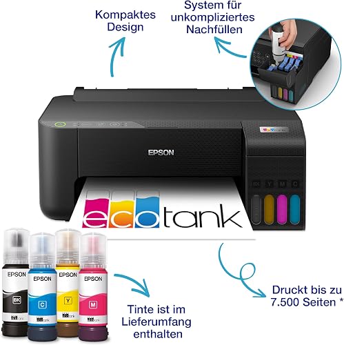 EPSON EcoTank Imprimante sans fil ET-1810 | Réservoirs d'encre haute capacité - Économisez jusqu'à 90% sur les coûts d'encre - Impression mobile, copie, numérisation - 3 ans d'encre inclus - 2