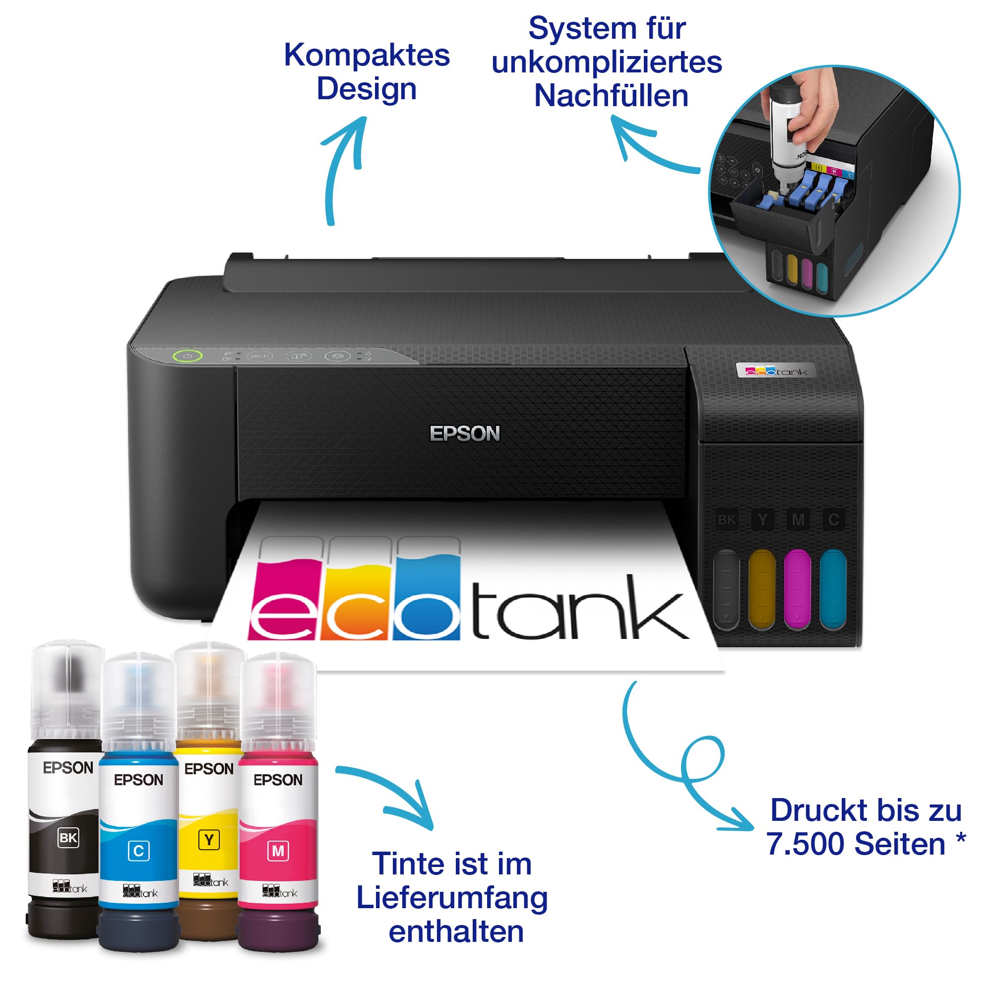 Epson EcoTank ET-1810 A4-Wi-Fi-Tintentankdrucker, mit einem im Lieferumfang enthaltenen Vorrat an Tinten von bis zu 3 Jahren