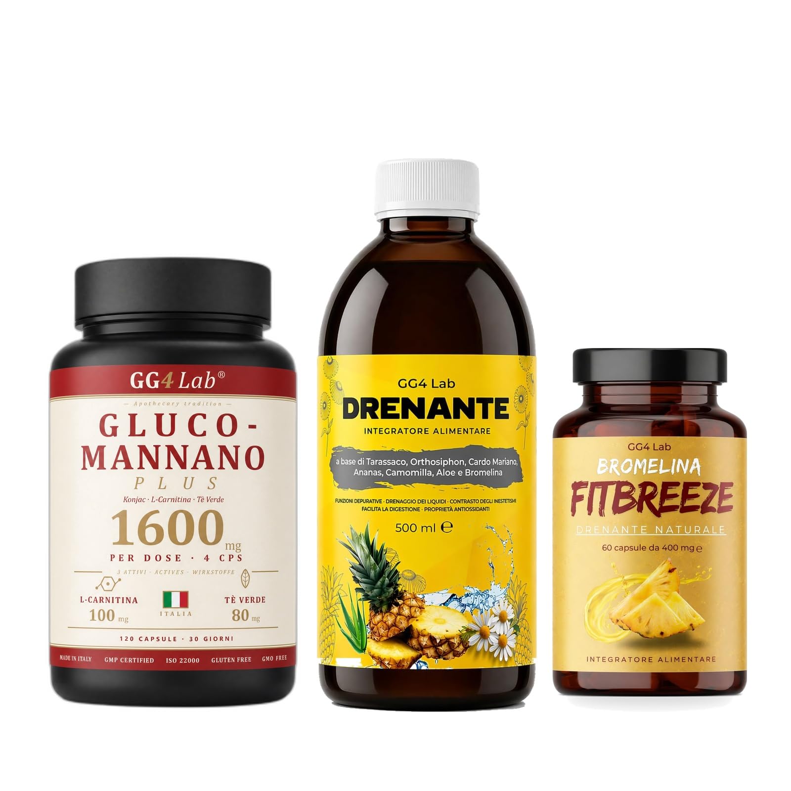GG4Lab Kit Benessere 3 in 1 | Drenante Forte 500ml + Bromelina 2500 GDU + Glucomannano Konjac | Drenaggio, Digestione e Sazietà | Made in Italy