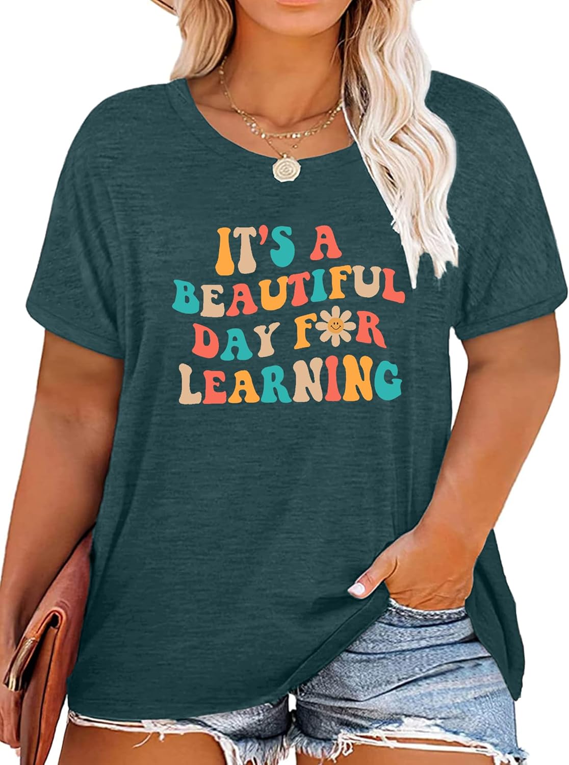 Plus Size Teacher Shirts Tops Women It's a Beautiful Day for Learning Tshirt Oversized Teach Tee Gift
