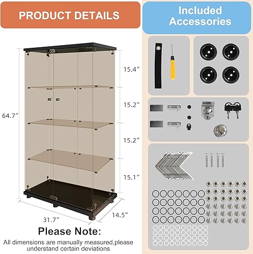 Miniatura 8 de FANYUSHOW Vitrina de cristal con 2 estantes con puerta doble, gabinetes Curio de 0.157 in de vidrio templado para dormitorio, sala de estar, 33.7 x