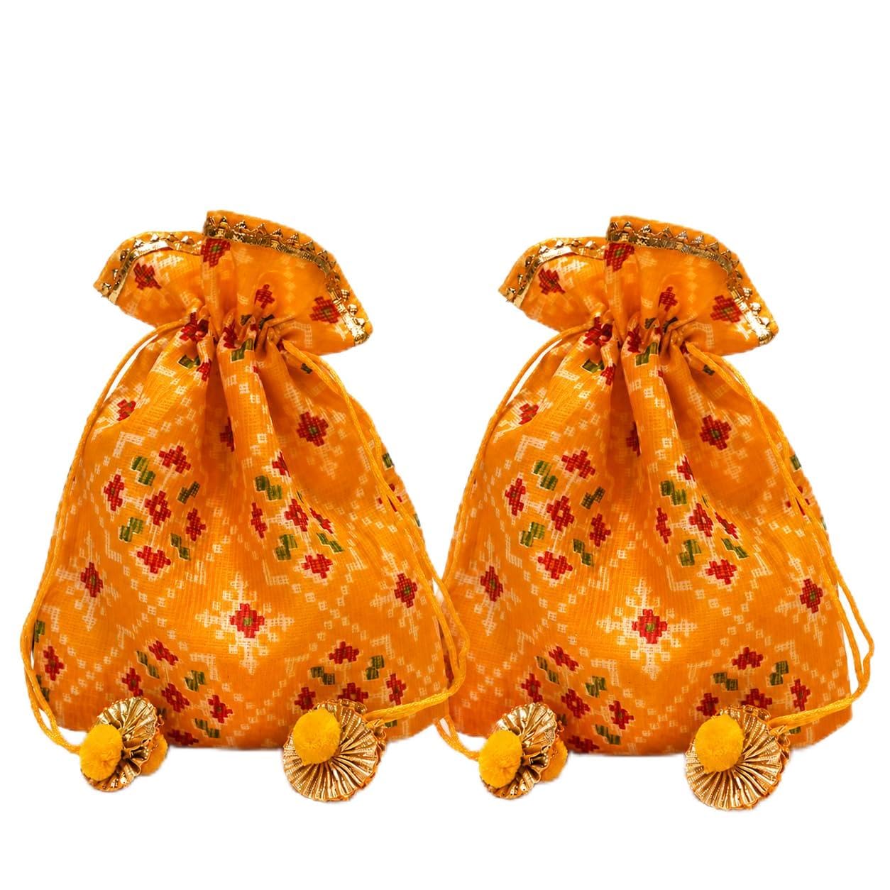 Veneva Traditional Ethnic Potli Bag, Bright Yellow with Multicolor Print, Drawstring Closure, Decorative Tassels, 19 x 22 cm-image-45