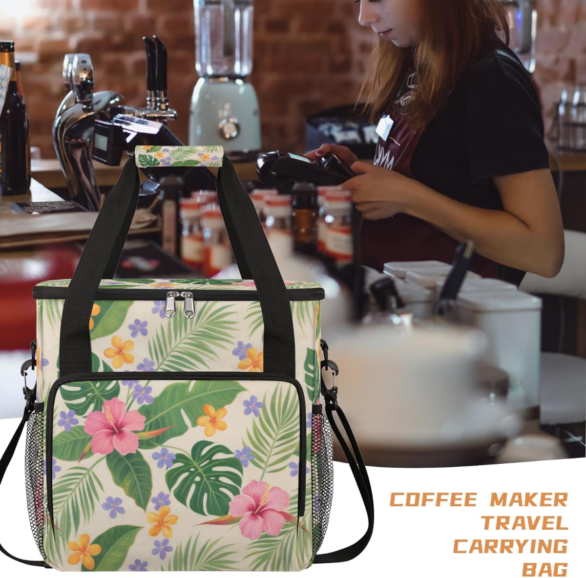Tropical Flower Pattern Portable Coffee Maker Carrying Bag Compatible with Keurig K-Mini or K-Mini Plus - Travel Storage Tote with K-Cup Pod Pockets for Single Serve Coffee Brewer