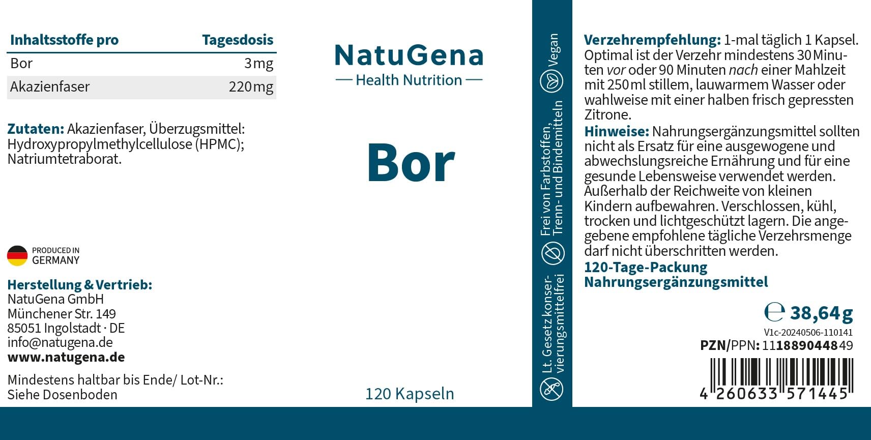 NatuGena Bor, hochdosiertes hochwertiges Natriumtetraborat und Akazienfaser, vegan, höchste Rohstoffqualität, deutsche Herstellung, Spurenelement Unterstützung, 120 Kapseln (4-Monats-Packung)