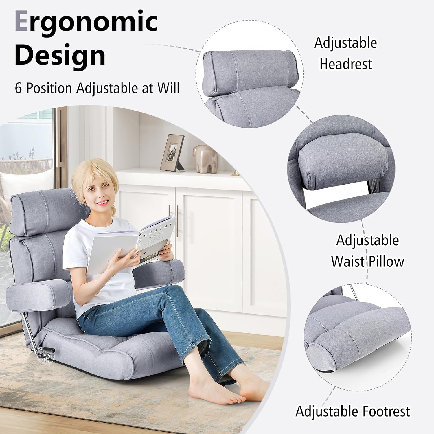 Giantex Adjustable Folding Sofa Chair - Lazy Floor Chair with Infinitely Adjustable Backrest, Extendable Armrest & Seat, Couch Recliner for Meditation, Reading, Gaming Floor Chairs for Adults (Gray)