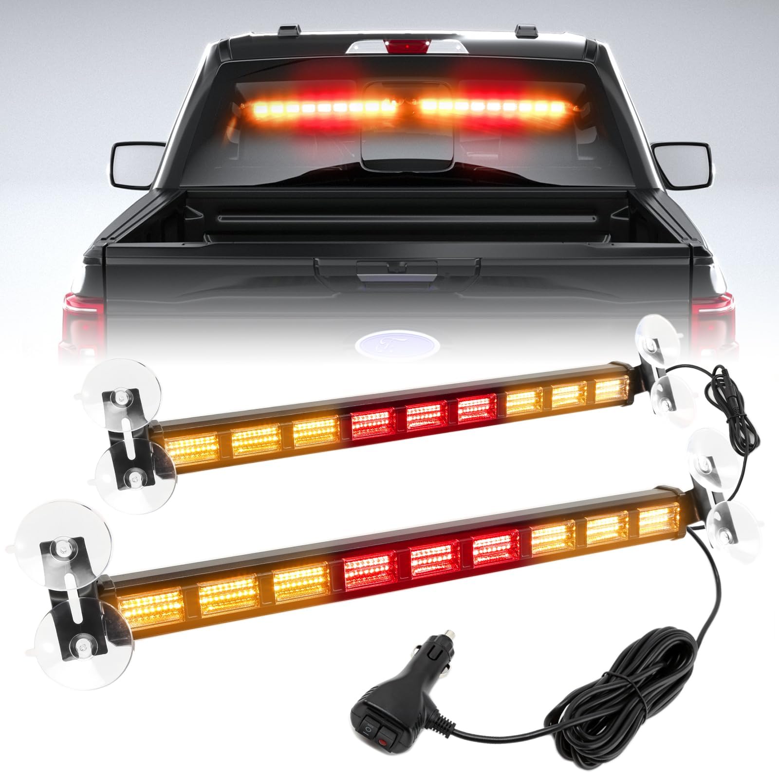BooYu [Upgraded Switchable 4 Colors Emergency Strobe Traffic Advisor Light Bar 162 LED Windshield 2 in 1 Visor Safety Warning Hazard Flashing Lights for Firefighter Police Truck Vehicle (Amber/Red)