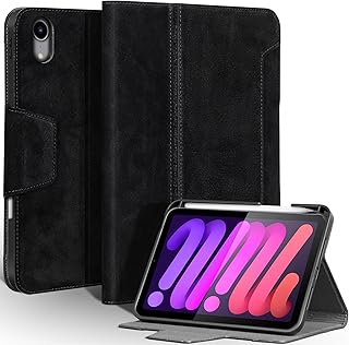 Gexmil Premium Leather Case for iPad mini 7 (A17 Pro) 2024 / iPad mini 6 Generation 2021 8.3 Inch,Pencil Holder, Magnetic Closure,Shockproof Cowhide Cover,Adjustable Stand,Sanded Black