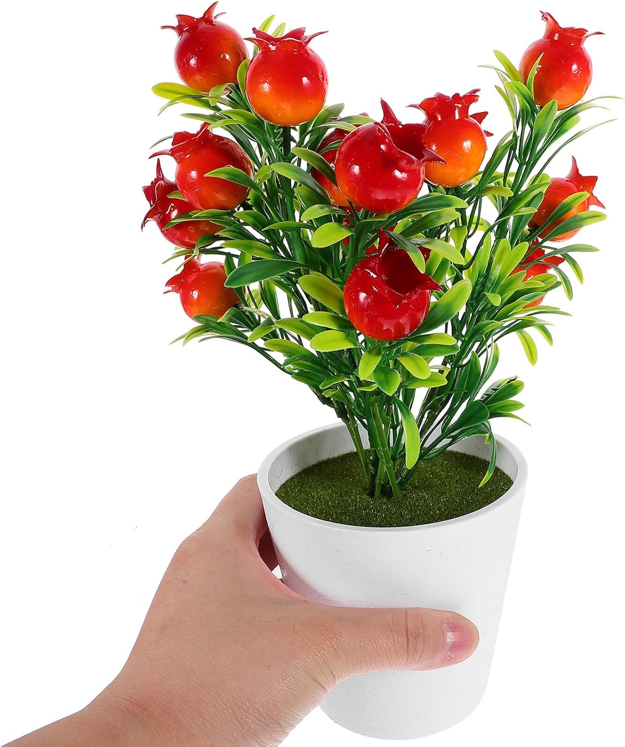Fake Pomegranate Branches Tabletop Fruit Decor, Realistic Plastic Potted Bonsai with Green Leaves, Simulation Artificial Plant for Home Office Photography Prop