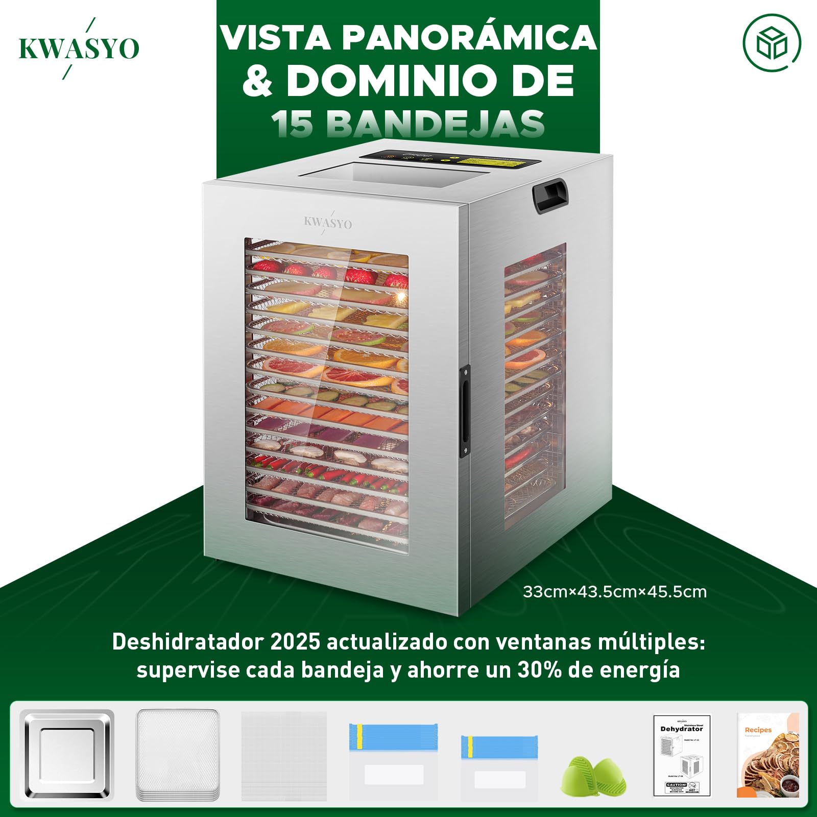 Kwasyo Deshidratador Alimentos 15 Bandejas Inox, 1200W Doble Ventilador, para Carne, Fruta, Snacks Perros, Hierbas, Temp. Ajustable 90°C, Temporizador 24H, Ventanas Múltiples, Secado Potente