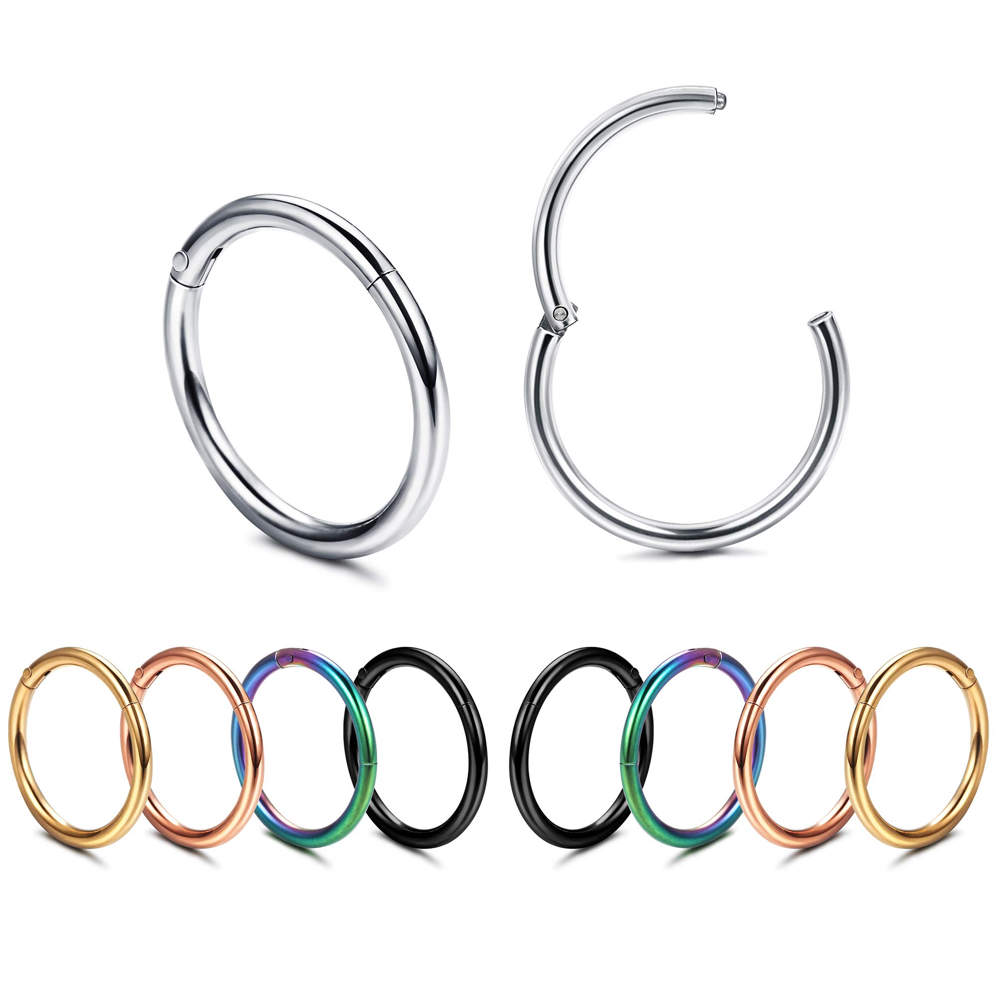Besteel 10PCS Septum Nose Rings Hoops for Women Men - 16G 18G 316L Surgical Stainless Steel Hinged Clicker Lip Helix Rook Tragus Daith Conch Piercing Jewelry Cartilage Sleeper Earrings Set 8/10/12MM