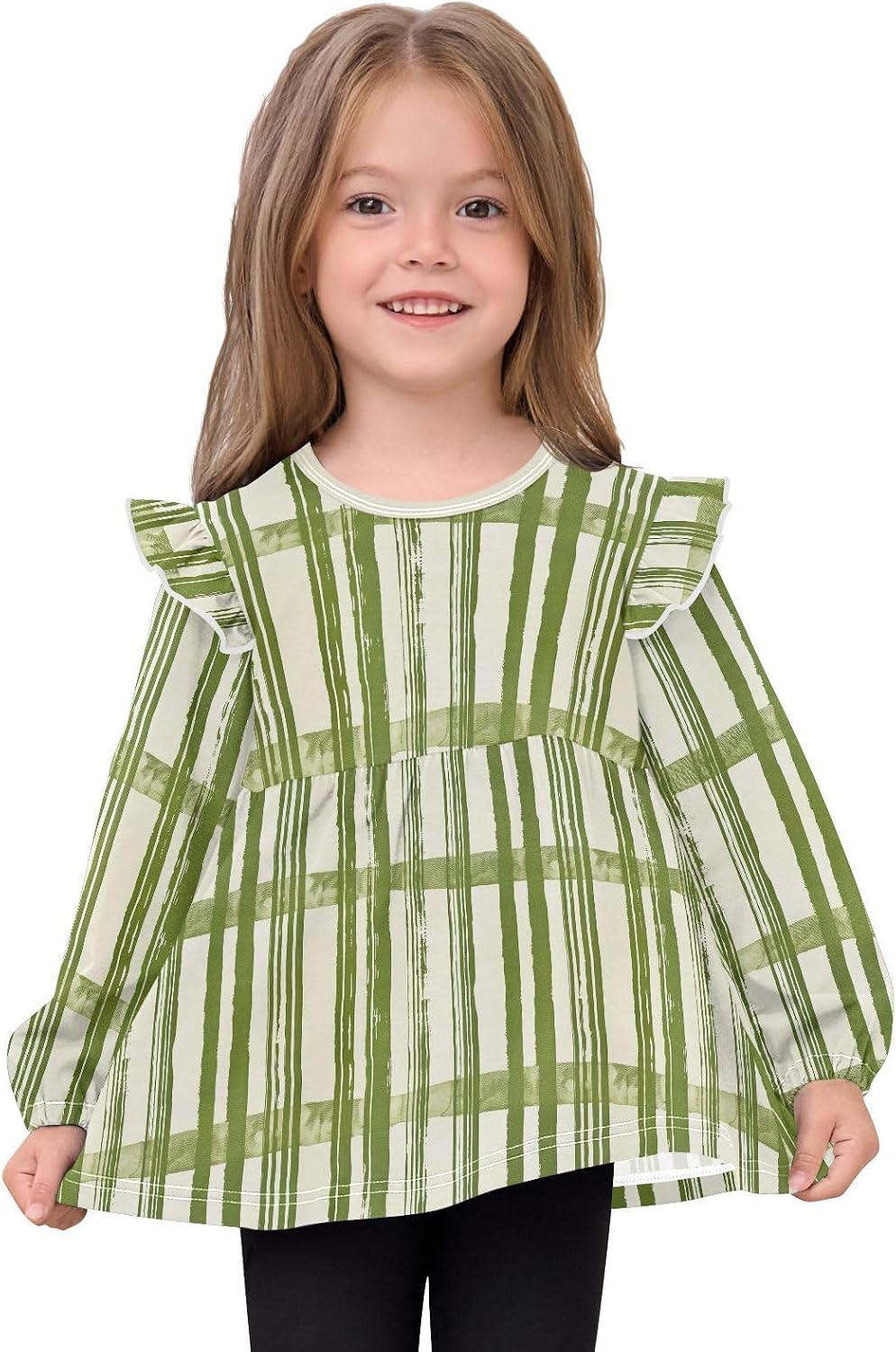 visesunny Toddler Clothes for Girls Matcha Plaid Texture Long Sleeve Fall Shirts Cotton Top with Ruffle Collar