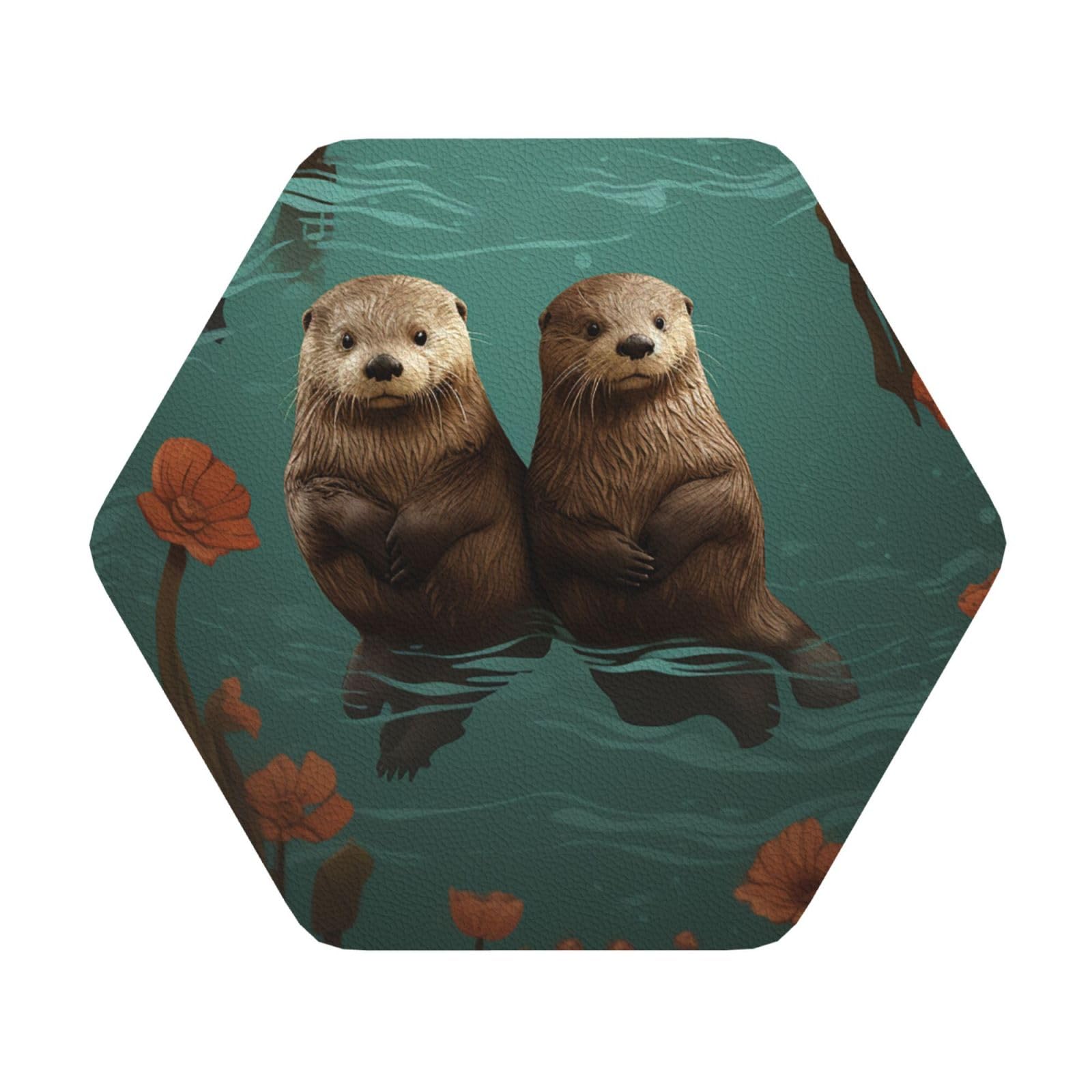 Fodpand Hexagon Otters In Love Drink Coasters Set Of 4, Heat Resistant Leather Coasters Fuuny Bar Beer Beverage Coaster For Drinks, Absorbent Cup Mat For Tabletop Protection, Housewarming Gift