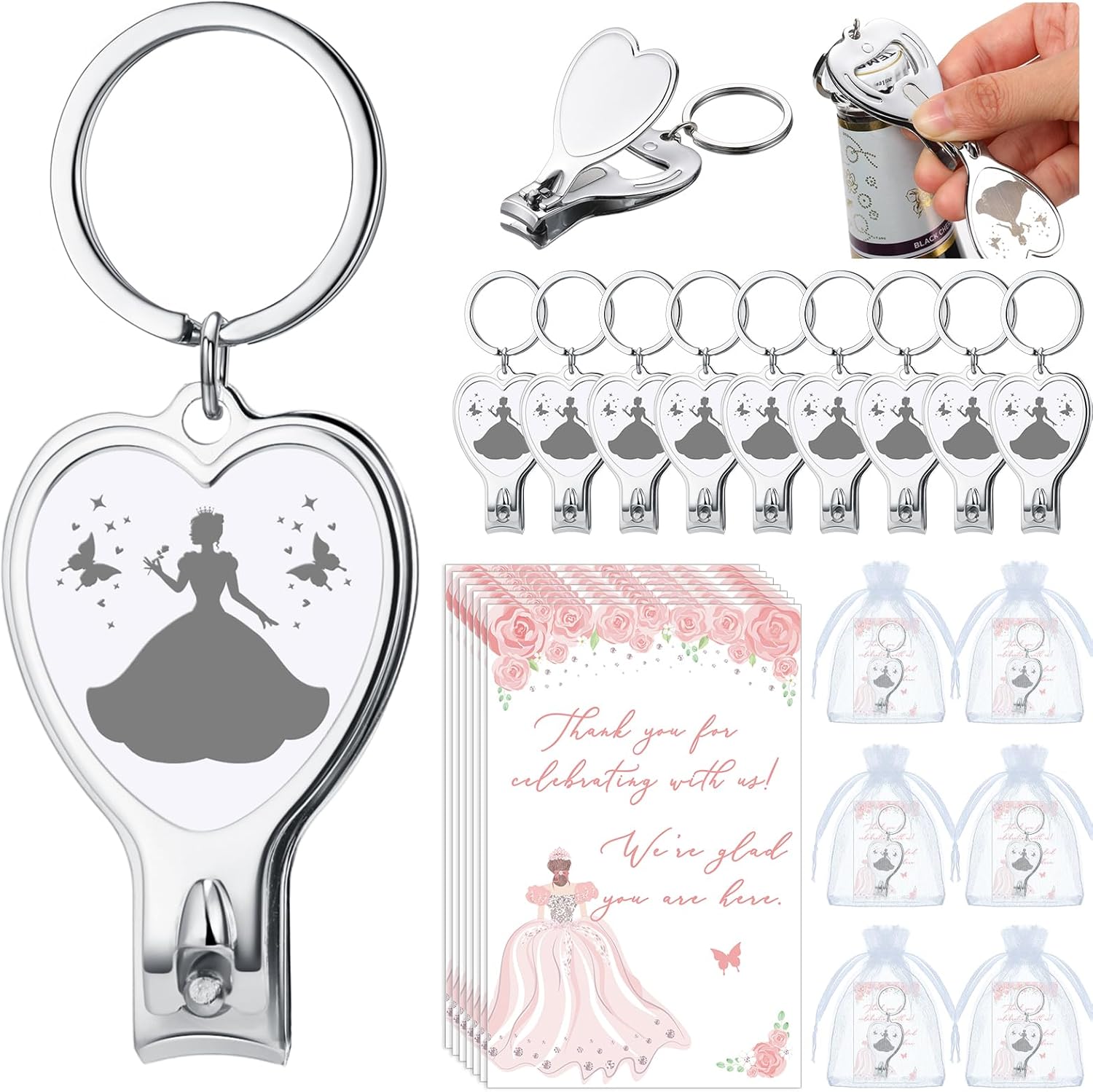Pickmesh 25 Sets Quinceanera Party Favors for Guests 25 Multi Function Bottle Opener Nail Clipper 25 Thank You Cards Small Quinceanera Gift Cards 25 Organza Bags for Guests Girls Party Favors