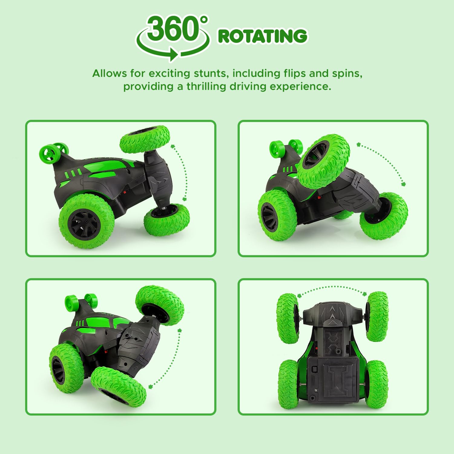 NHR RC Stunt Car for Kids – 360° Rotating Remote Control Car with High-Grip Rubber Tyres, Top Small Auxiliary Wheels & USB Rechargeable Battery – Off-Road Toy Car Gift for Boys & Girls (Green/Black) 2