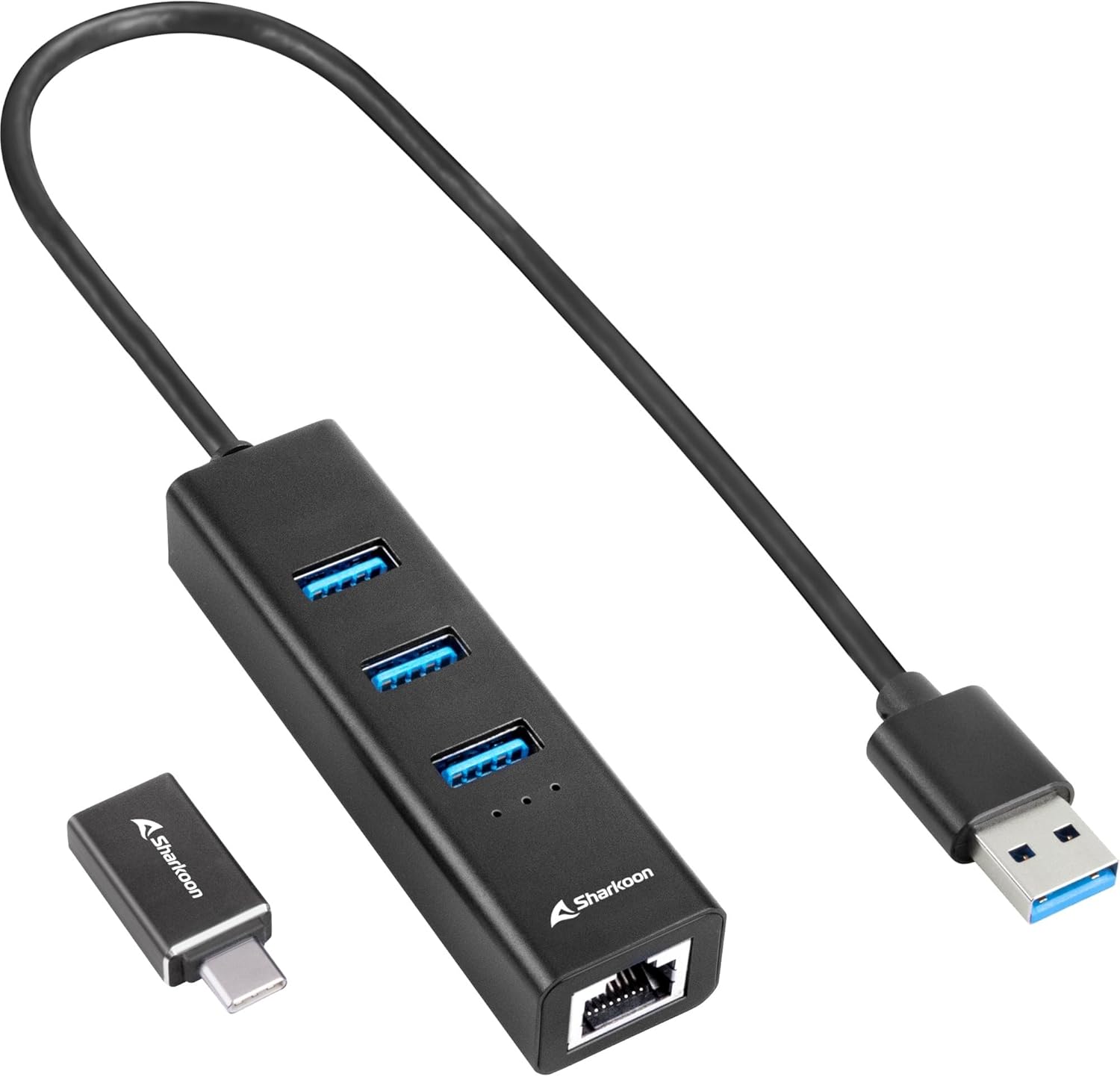 Sharkoon 3-Port USB 3.2 GEN 1 Aluminium Hub, RJ45 Ethernet Adapter, Black