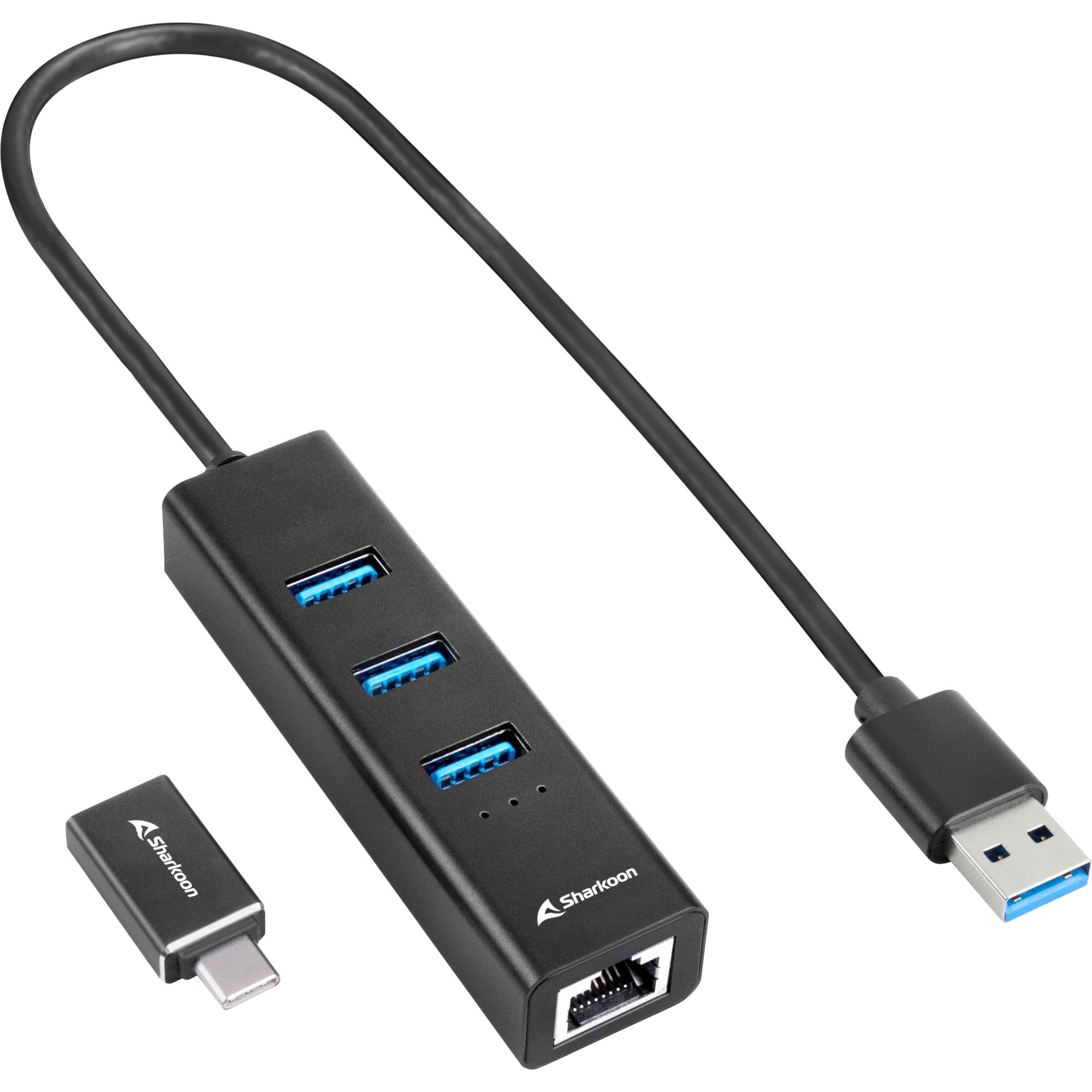Sharkoon 3-Port USB 3.2 GEN 1 Aluminium Hub, RJ45 Ethernet Adapter