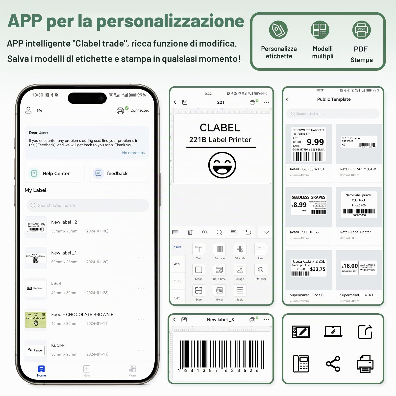 CLABEL Mini Portatile Stampante per Etichette: 221B Bluetooth Termica Etichettatrice Adesive Compatibile con iOS e Android Label Printer con 1 Rotolo di Etichette per Ufficio Casa Prezzo(Verde)