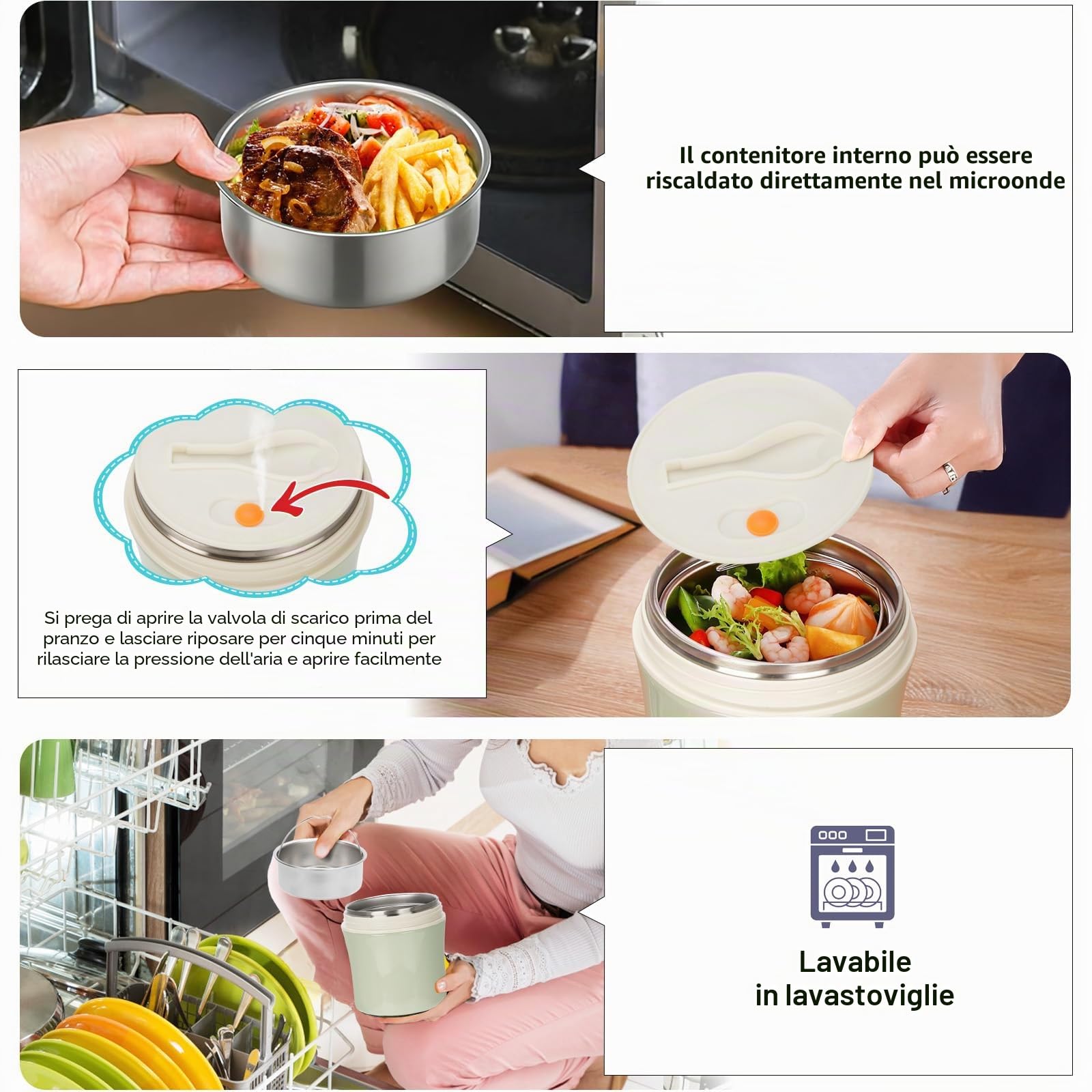 Contenitore termico per mangiare, 1,2 l, in acciaio inox con cucchiaio, ciotola termica a prova di perdite, per bambini, adulti, contenitore termico per porridge pasti