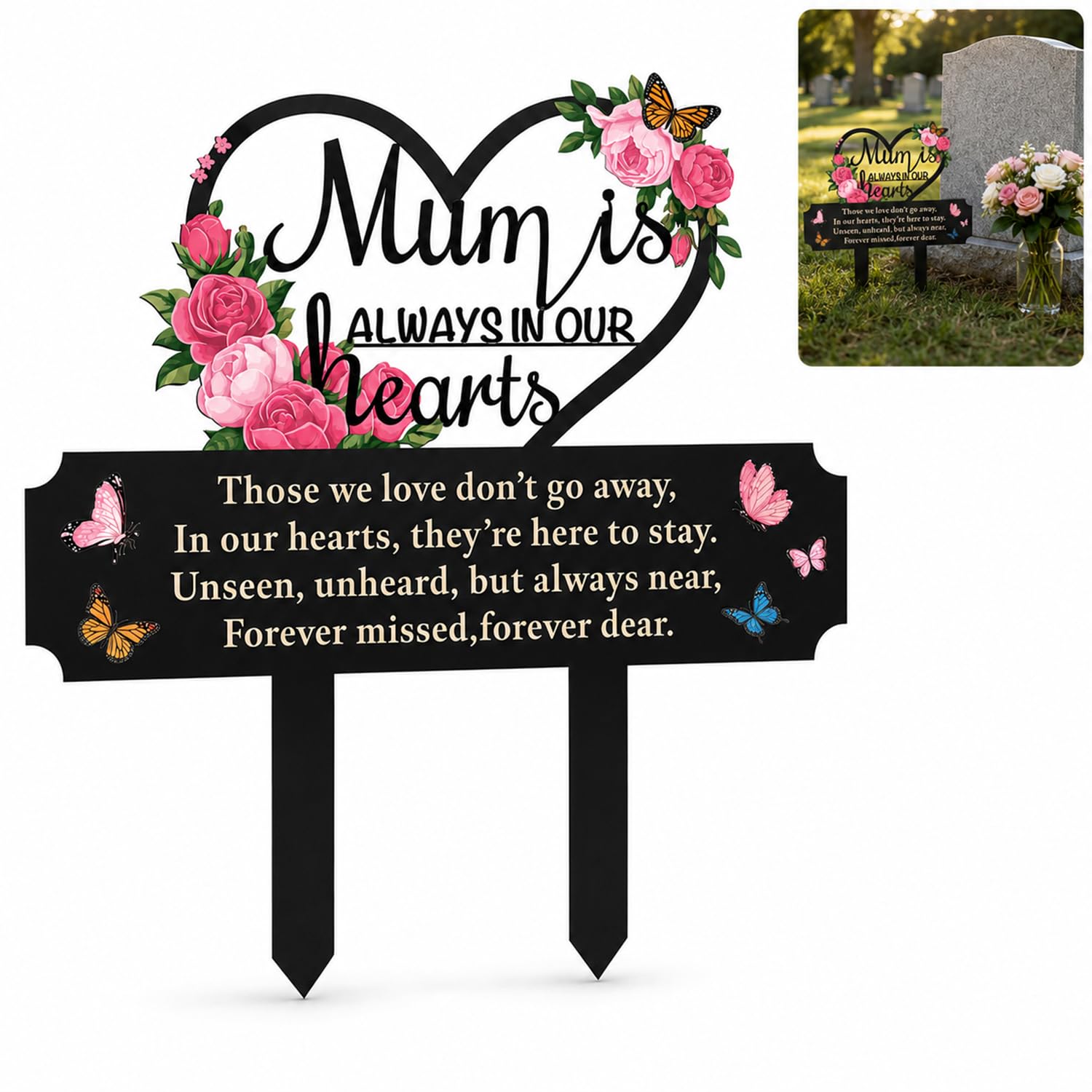 Mum Grave Ornaments Metal Memorial Plaque Rose Heart Stake for Cemetery