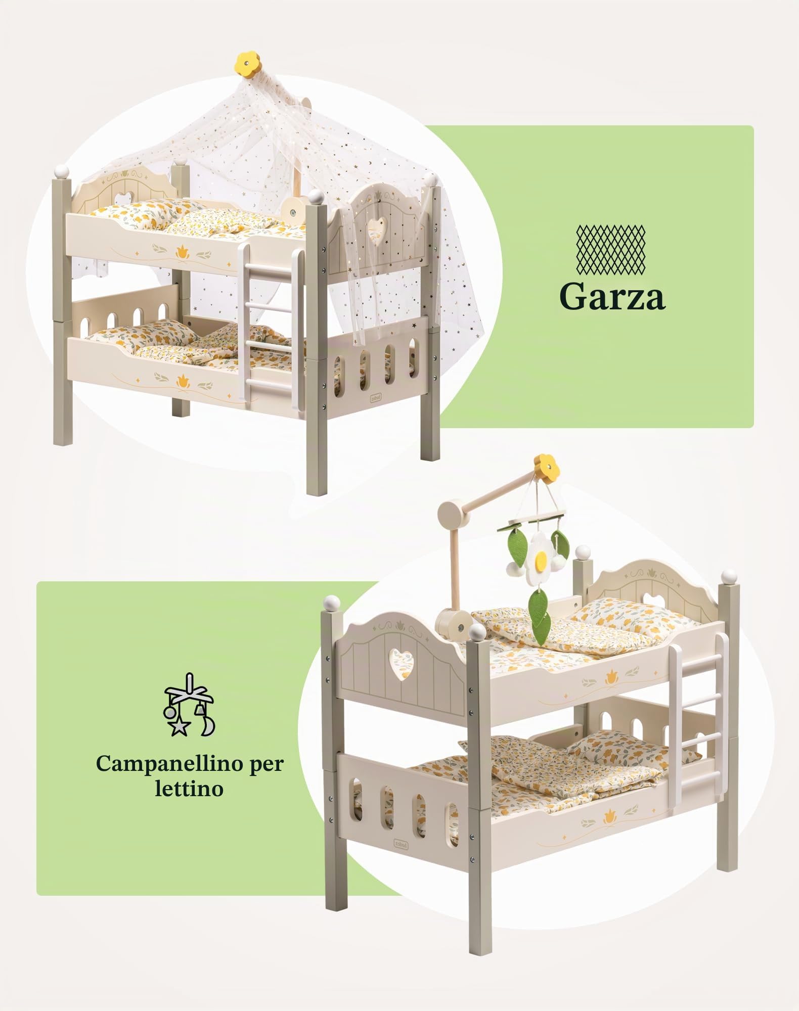ROBUD Letto per bambole in legno, letto a castello, letto per bambole in legno, 43 cm, culla per bambole con scala e biancheria da letto, accessori per bambini, giocattoli per bambini per ragazze e
