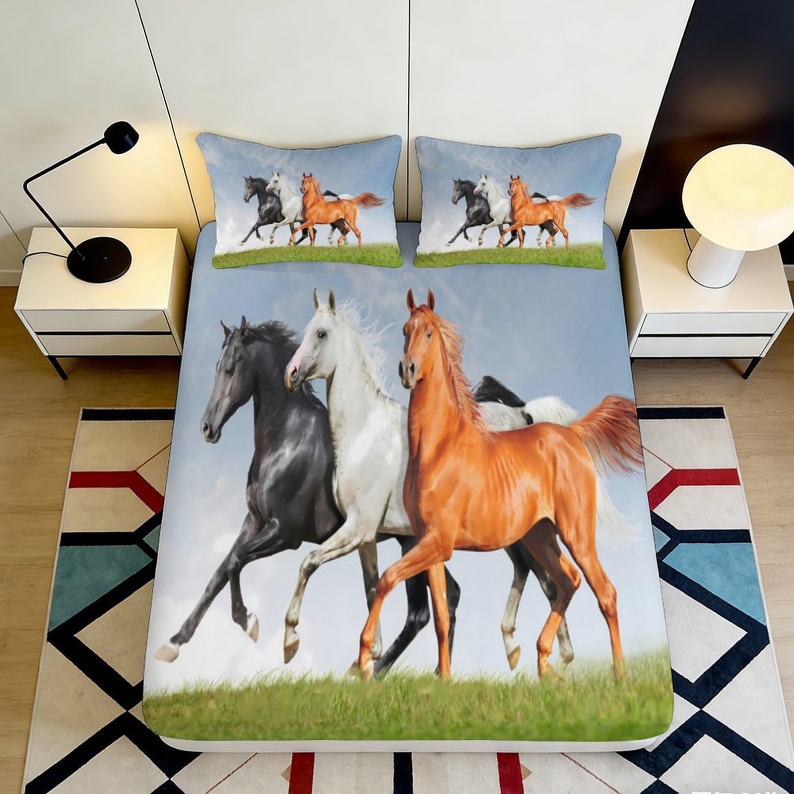 Jqzkxnhpbr Style-4 3D Printed Running Horses Fitted Sheet Microfiber Soft Breathable Grazing Horses Mattress Cover Bedroom Decor 90X200x25cm