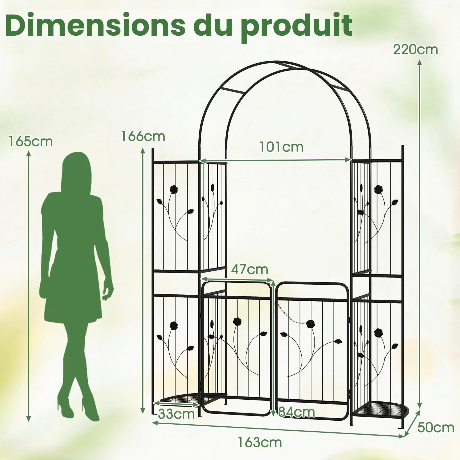 HOMASIS Arche de Jardin Haute avec Porte Verrouillable, Tonnelle Métallique Robuste avec Treillis et Étagères Latérales pour Plantes Grimpantes, pour Mariage, Pelouse (163x50x220cm)