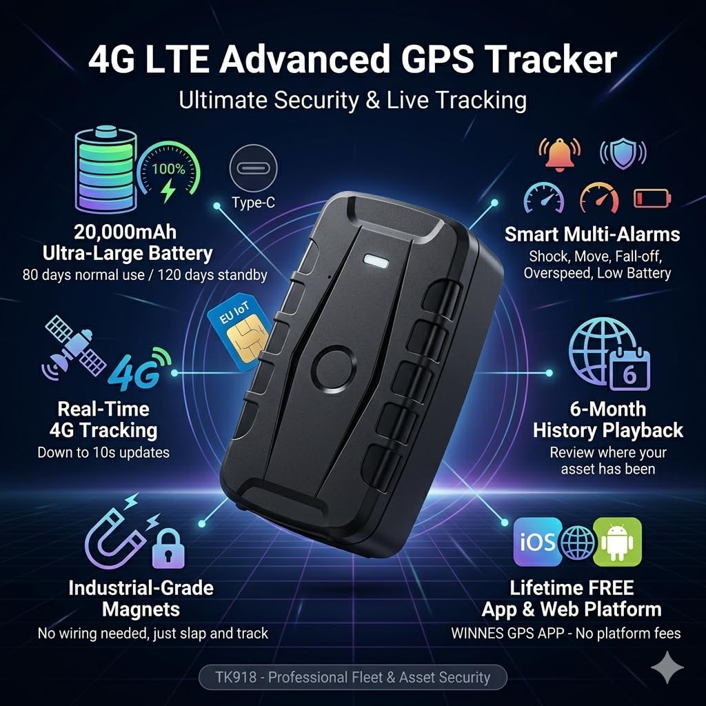 TKMARS 4G GPS 20000mAh,4G Localizzatori GPS Tracker per auto/Camion Magnetico Antifurto Impermeabile,SMS/APP/PC Monitor in Tempo Reale,Geo-fence Alarm con APP Senza Abbonamento per iOS&Android TK918