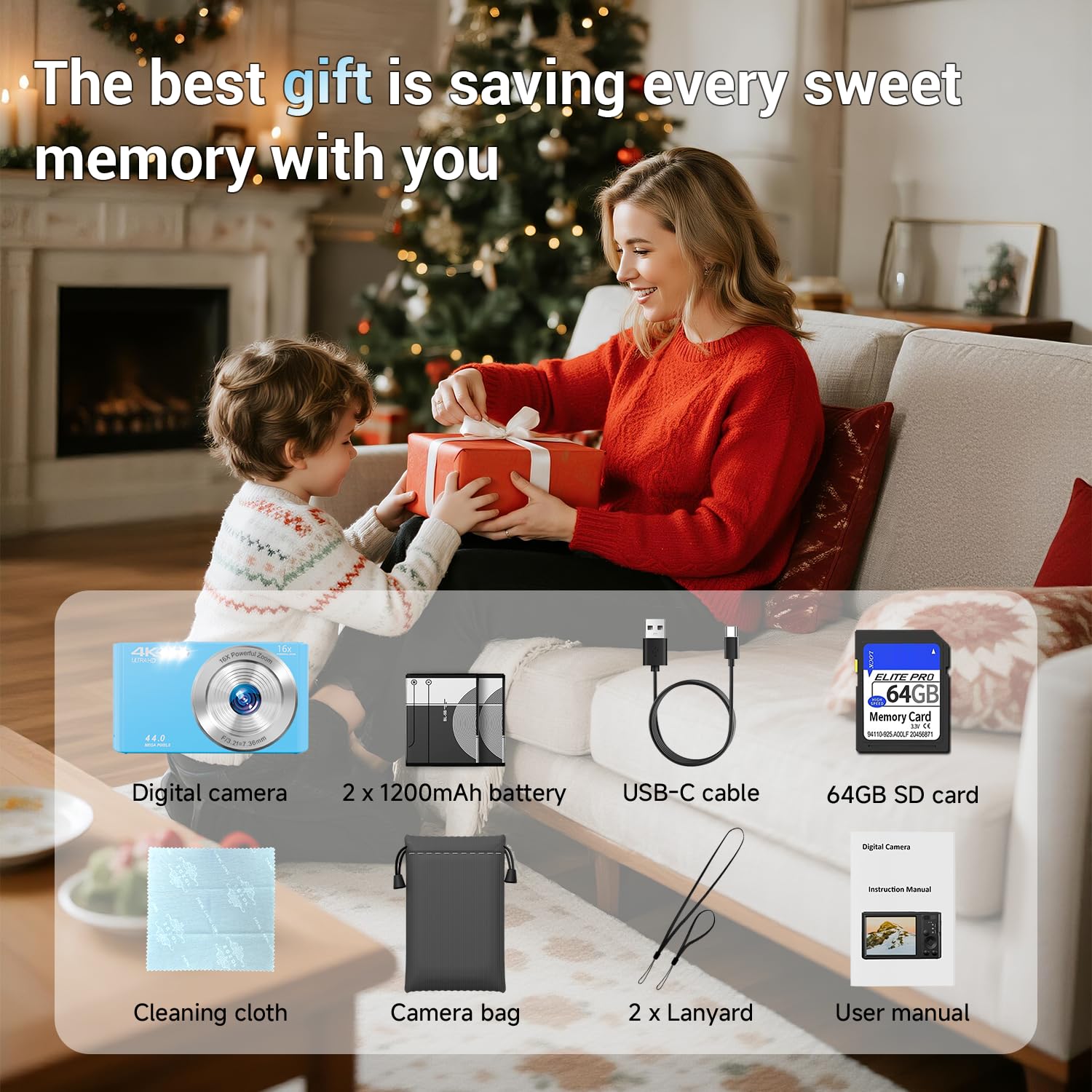 SMARTKLIK Fotocamera digitale per adolescenti, fotocamera digitale FHD 4K 44MP autofocus con scheda SD da 64 GB zoom 16X, fotocamere per fotografia fotocamera compatta per adolescenti e ragazze per