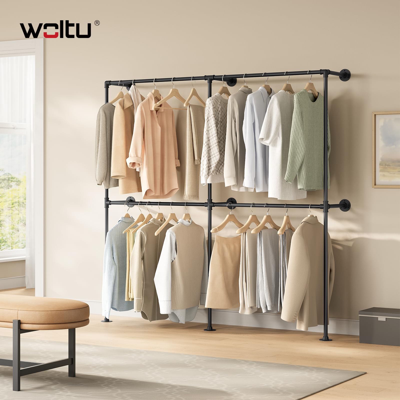 WOLTU Perchero de Pared Industrial, 4 Rieles para Colgar Ropa, Armario Abierto, Perchero Industrial de Tubos Metálicos, Barras Colgantes para Dormitorio y Vestidor, Negro, 193x36,5x187 cm