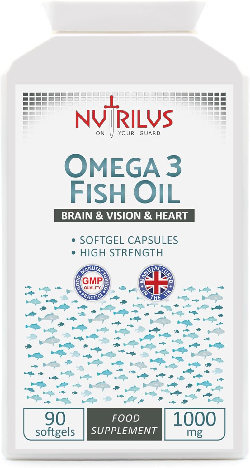 Omega-3 Fish Oil 90 Softgel Capsules 1000mg – High Strength Omega 3 – Brain & Vision & Heart Health – UK Made Supplement