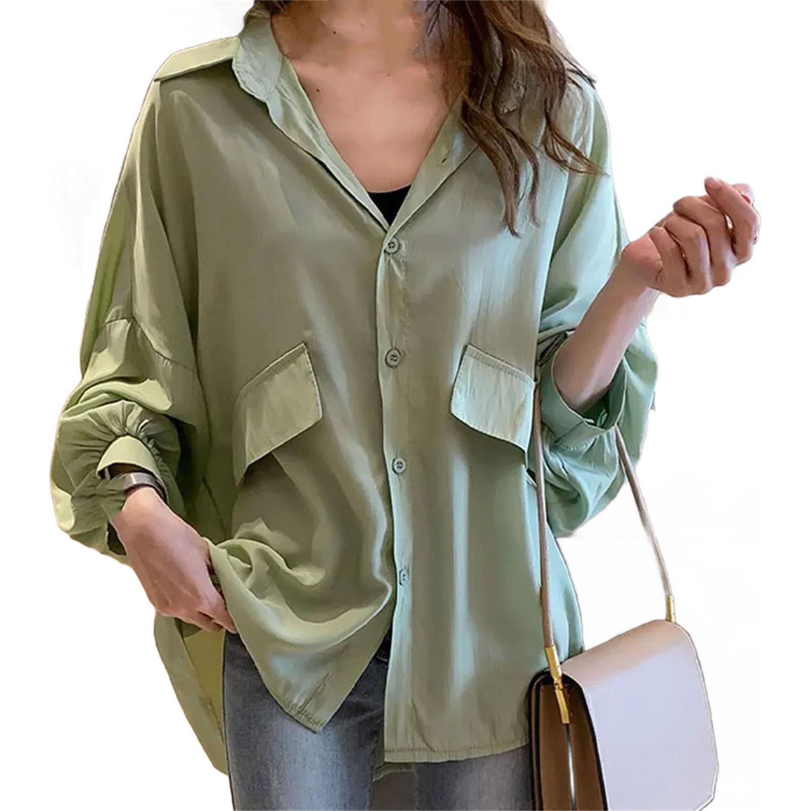 Blusa holgada de color sólido para mujer, cuello vuelto, casual, de un solo botonadura, de retazos, camisa midi