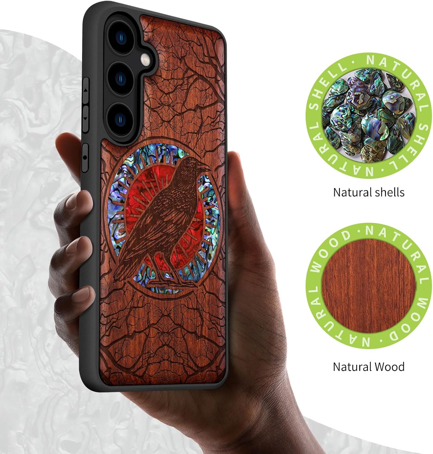 Carveit Designer Wooden Case for Samsung Galaxy S24 Plus - Wood Engraving & Shell Inlay - Compatible with Wireless Chargers - S24 Plus Case (The Haloed Crow - Rosy)