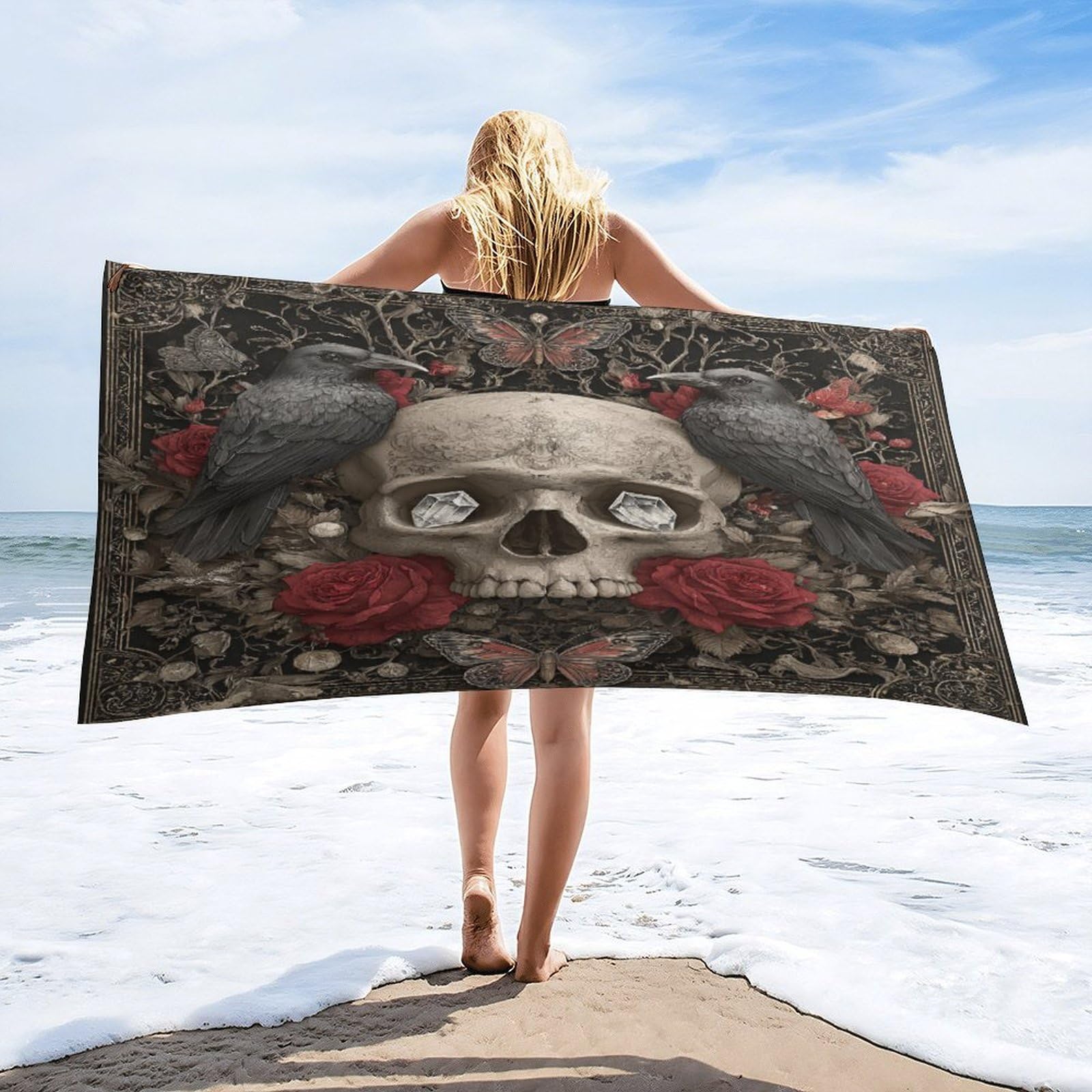 Luyysky Retro Abstract Skull Skeleton Quick-Drying Beach Towel, Gothic Realistic Animal Crow Butterfly Plant Red Rose Flowers Travel Vacation Single Sided Pile Bathroom Towels-80 W Cm X 160" L Cm