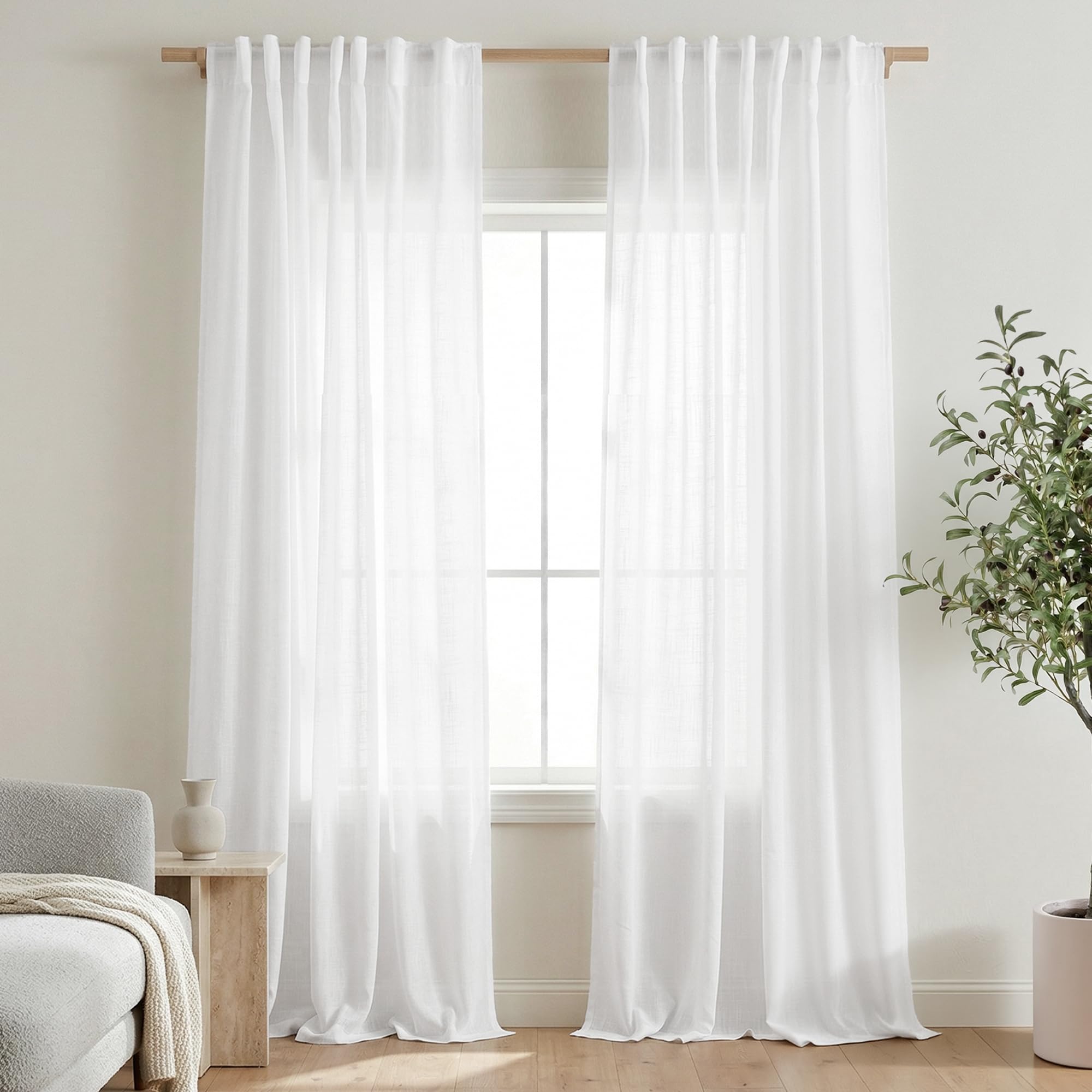 Mrs.Naturall White Linen Curtains 96 Inches Long 2 Panel Set, 8 FT Ceiling to Floor, Back Tab Boho Farmhouse Light Filtering Flowy Semi Sheer Window Drapes for Living Room Bedroom Sliding Glass Door — image 1